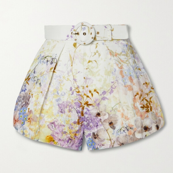 Zimmerman Rhythmic Tuck Belted Floral-print Linen Shorts in White